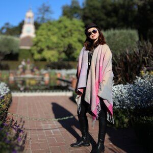 Pink Blanket Color Block Ruana Wrap Poncho Shawl Large